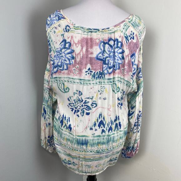 O'Neill Pastel Watercolor Floral Tie Front Boho Scoop Neck Peasant Blouse XL - Picture 5 of 8